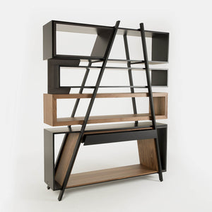 Standing solid in the middle of a white room is a modern book case and room divider with black and oak shelves held up by a black metal frame